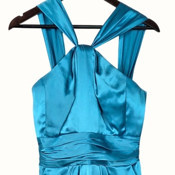 David's Bridal 84177 Y Neck Charmeuse Teal Blue Satin Bubble Hem Dress Size 2 - Picture 3 of 6